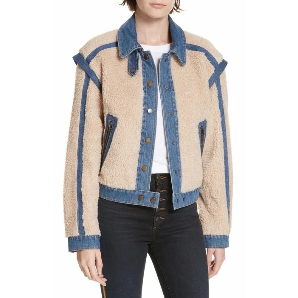 Veronica Beard Potter Cropped Denim-Trim Sherpa